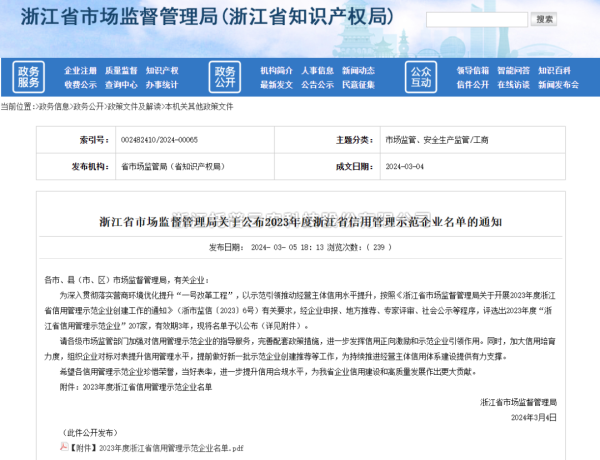 免费看片黄入選2023年度浙江省信用管理示範企業名單