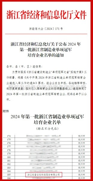 免费看片黄入選2024年第一批浙江省製造業單項冠軍培育企業名單